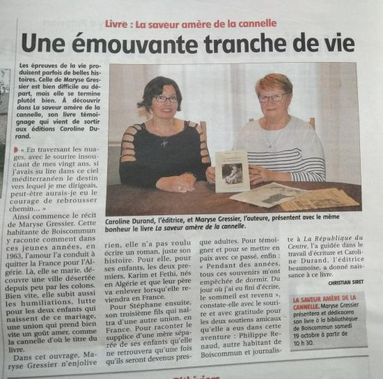 Maryse Gressier dans le Courrier du Loiret